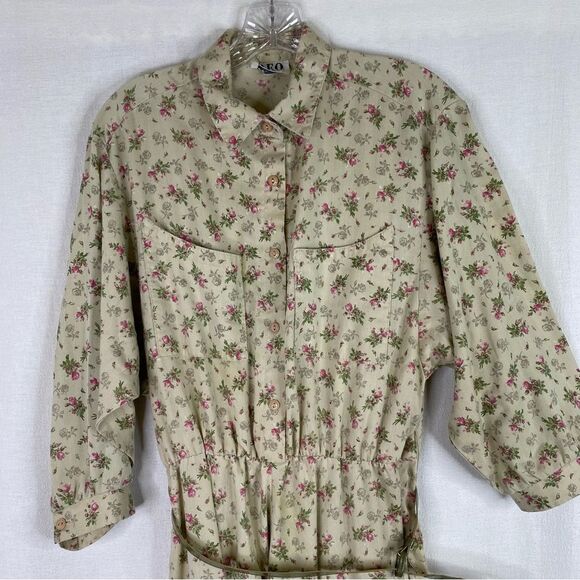 Reo Vintage Green Khaki Floral Half Button Down Dress Belt Pockets 14 - Picture 3 of 14